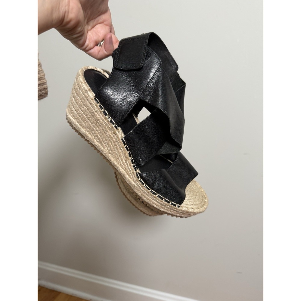 Eileen Fisher Willow Black Leather Wedge Sandal Summer Luxe Resort Comfy Sz 7.5